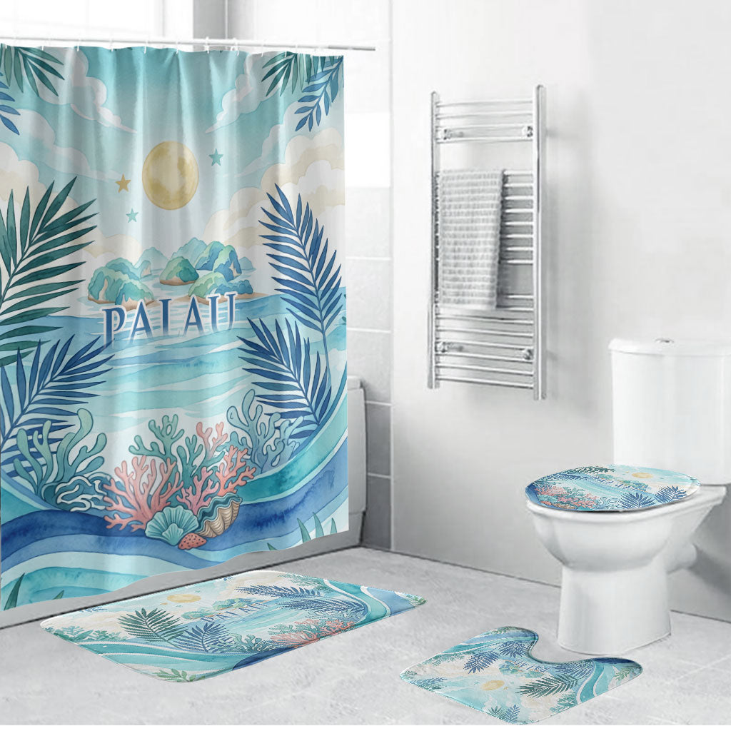 Palau Islands Of Wonder Natural Nature Bathroom Set Watercolor Tropical Beach Waterfall Coral Reef Palm Leaves TS04 Bathroom Set (4 pcs) Blue Green - Polynesian Pride