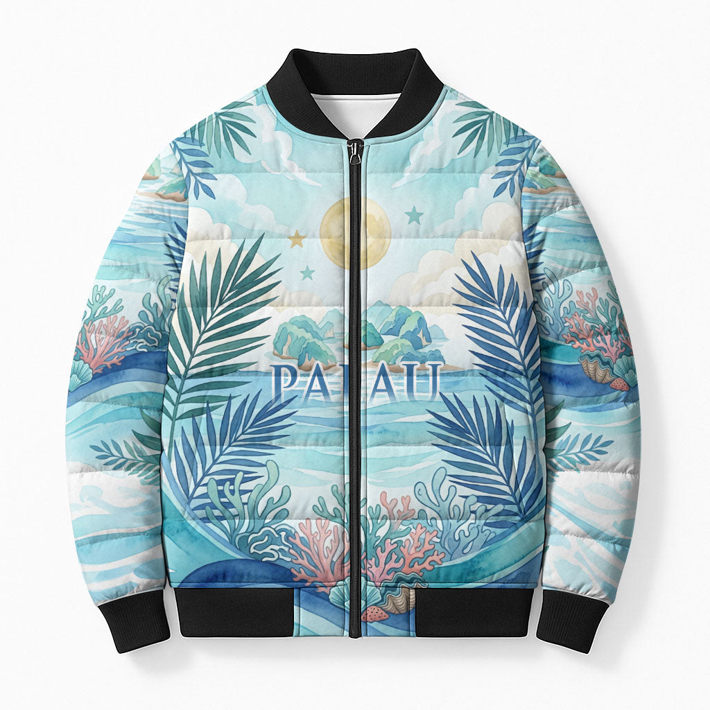 Palau Islands Of Wonder Natural Nature Bomber Puffer Jacket Watercolor Tropical Beach Waterfall Coral Reef Palm Leaves TS04 Unisex Blue Green - Polynesian Pride