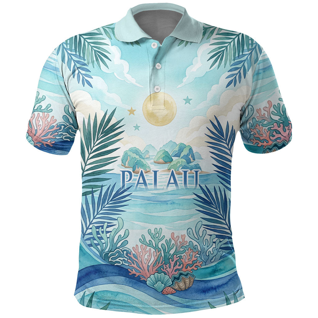 Palau Islands Of Wonder Natural Nature Polo Shirt Watercolor Tropical Beach Waterfall Coral Reef Palm Leaves TS04 Blue Green - Polynesian Pride