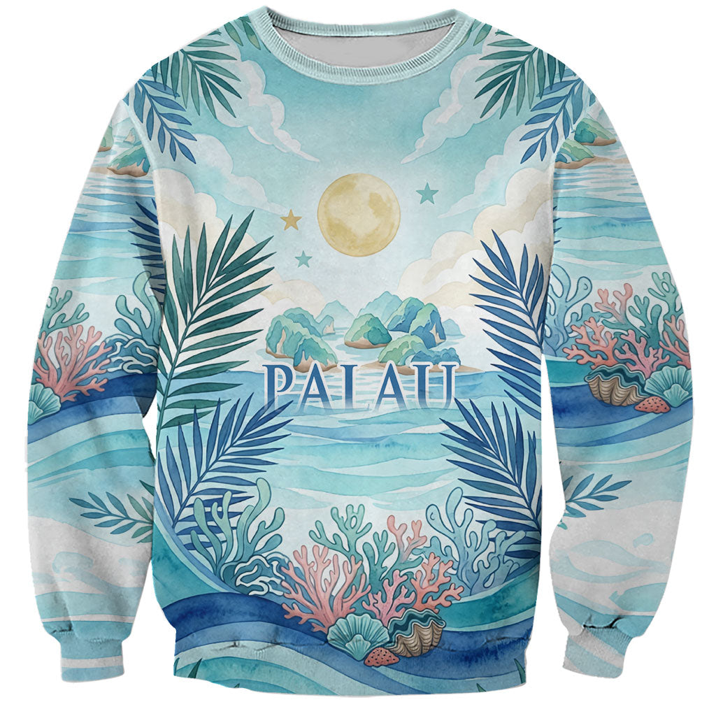 Palau Islands Of Wonder Natural Nature Sweatshirt Watercolor Tropical Beach Waterfall Coral Reef Palm Leaves TS04 Unisex Blue Green - Polynesian Pride