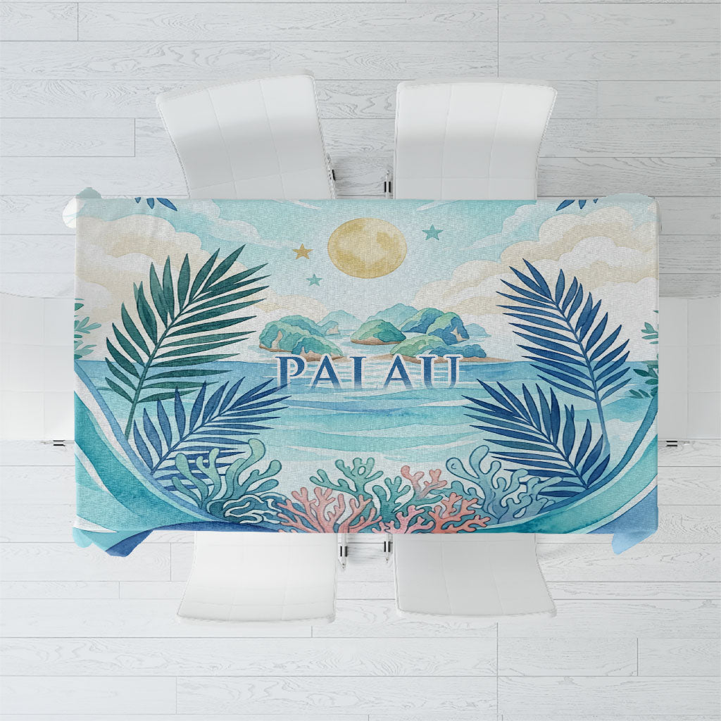Palau Islands Of Wonder Natural Nature Tablecloth Watercolor Tropical Beach Waterfall Coral Reef Palm Leaves TS04 Blue Green - Polynesian Pride