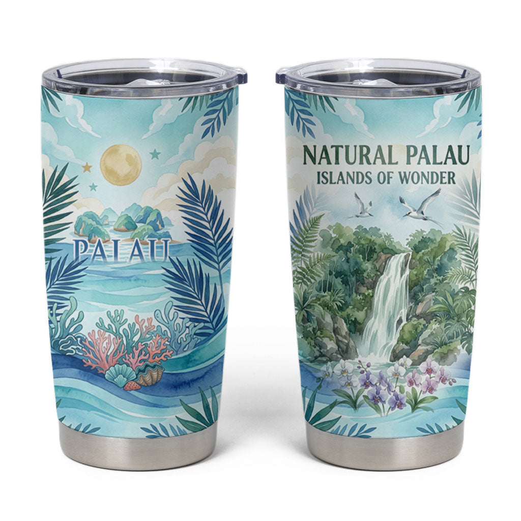 Palau Islands Of Wonder Natural Nature Tumbler Cup Watercolor Tropical Beach Waterfall Coral Reef Palm Leaves TS04 Blue Green - Polynesian Pride