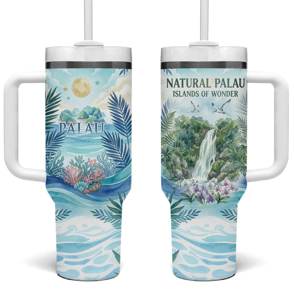 Palau Islands Of Wonder Natural Nature Tumbler With Handle Watercolor Tropical Beach Waterfall Coral Reef Palm Leaves TS04 One Size: 40 oz Blue Green - Polynesian Pride