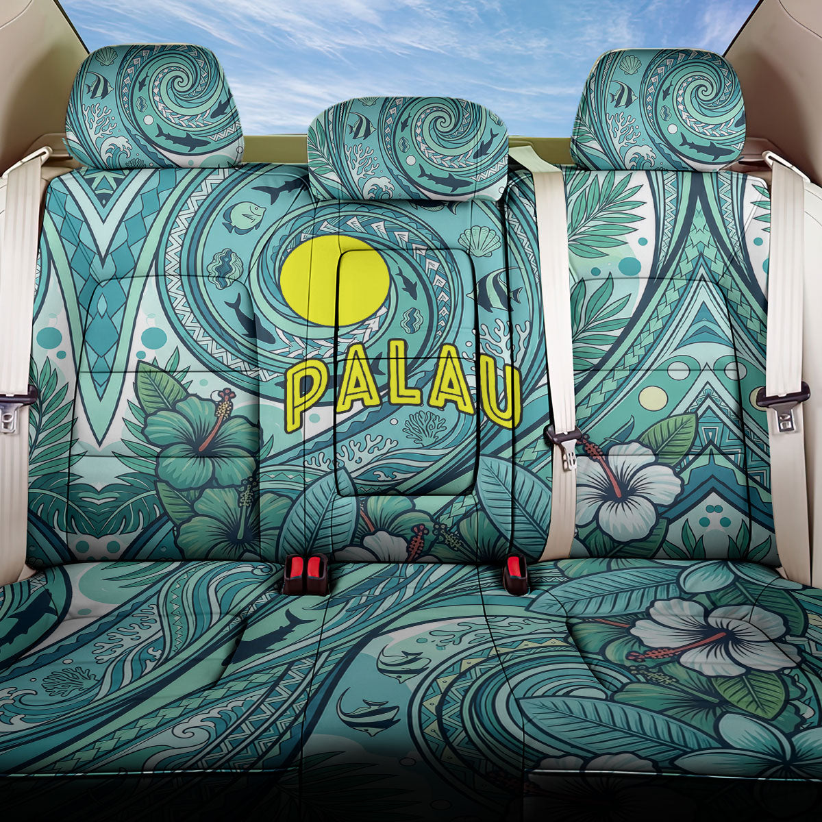 Palau Official Seal Flag Back Car Seat Cover Tribal Pattern Ocean Marine Life Tropical Hibiscus TS04 One Size Blue Green - Polynesian Pride