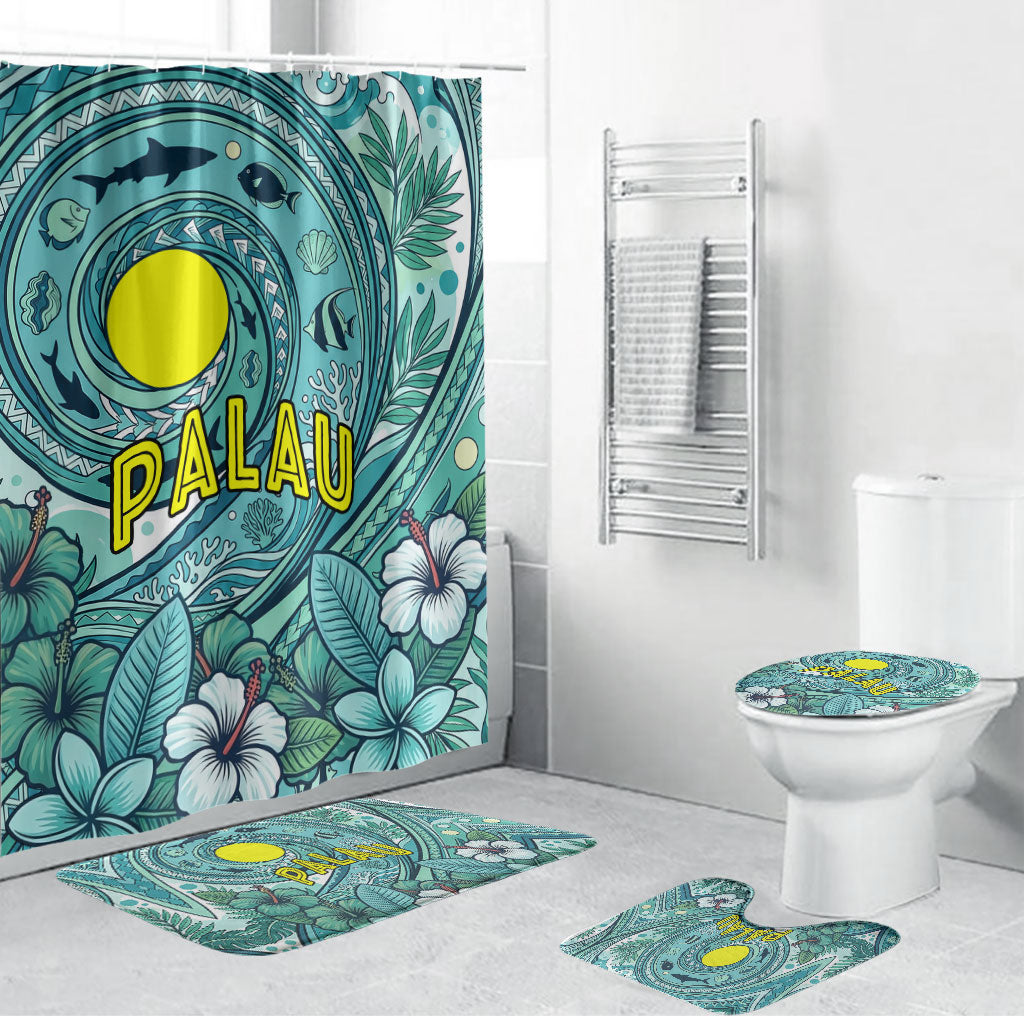 Palau Official Seal Flag Bathroom Set Tribal Pattern Ocean Marine Life Tropical Hibiscus TS04 Bathroom Set (4 pcs) Blue Green - Polynesian Pride