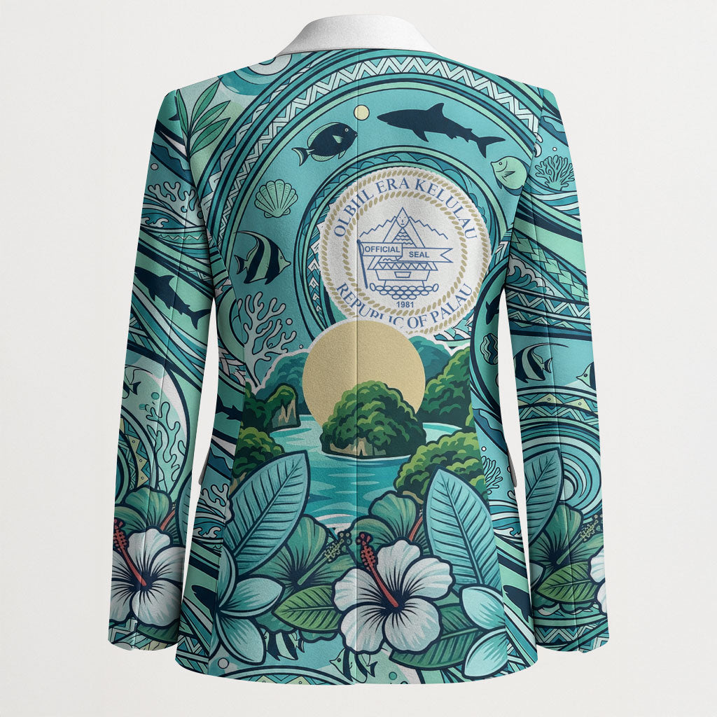 Palau Official Seal Flag Blazer Tribal Pattern Ocean Marine Life Tropical Hibiscus TS04 - Polynesian Pride