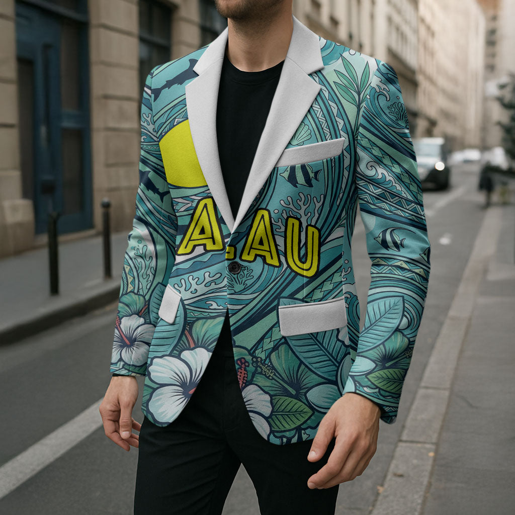 Palau Official Seal Flag Blazer Tribal Pattern Ocean Marine Life Tropical Hibiscus TS04 - Polynesian Pride
