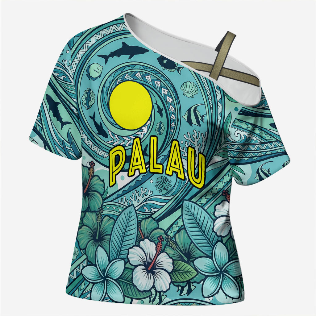 Palau Official Seal Flag Cross Shoulder Shirt Tribal Pattern Ocean Marine Life Tropical Hibiscus TS04 Female Blue Green - Polynesian Pride