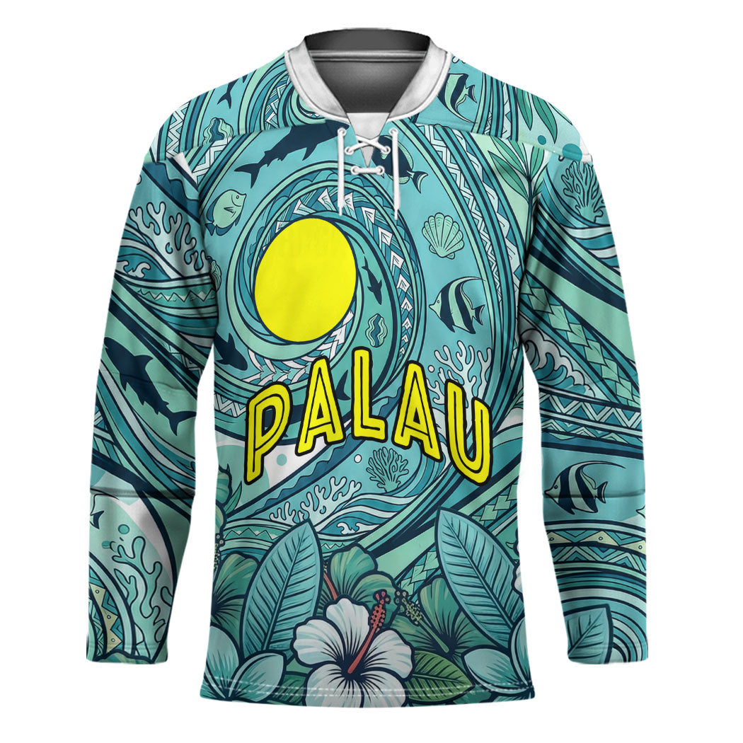 Palau Official Seal Flag Hockey Jersey Tribal Pattern Ocean Marine Life Tropical Hibiscus TS04 Unisex Blue Green - Polynesian Pride