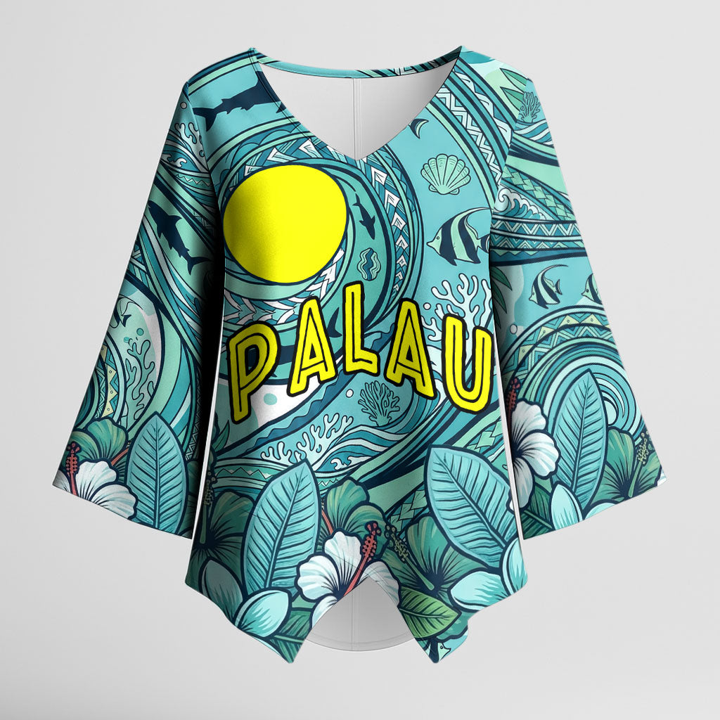 Palau Official Seal Flag Kimono Sleeve Blouse Tribal Pattern Ocean Marine Life Tropical Hibiscus TS04 Female Blue Green - Polynesian Pride