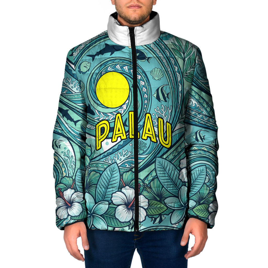 Palau Official Seal Flag Padded Jacket Tribal Pattern Ocean Marine Life Tropical Hibiscus TS04 Men Blue Green - Polynesian Pride