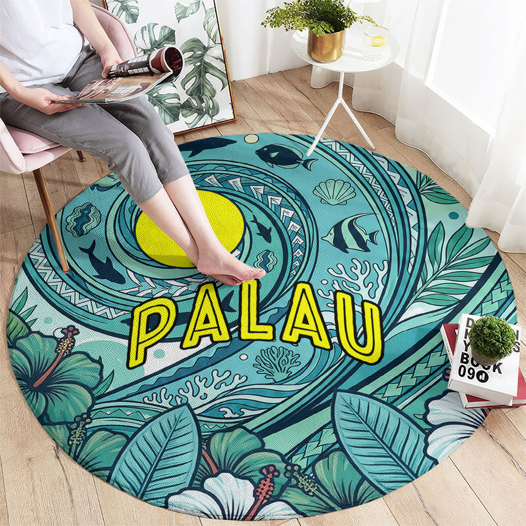 Palau Official Seal Flag Round Carpet Tribal Pattern Ocean Marine Life Tropical Hibiscus TS04 - Polynesian Pride
