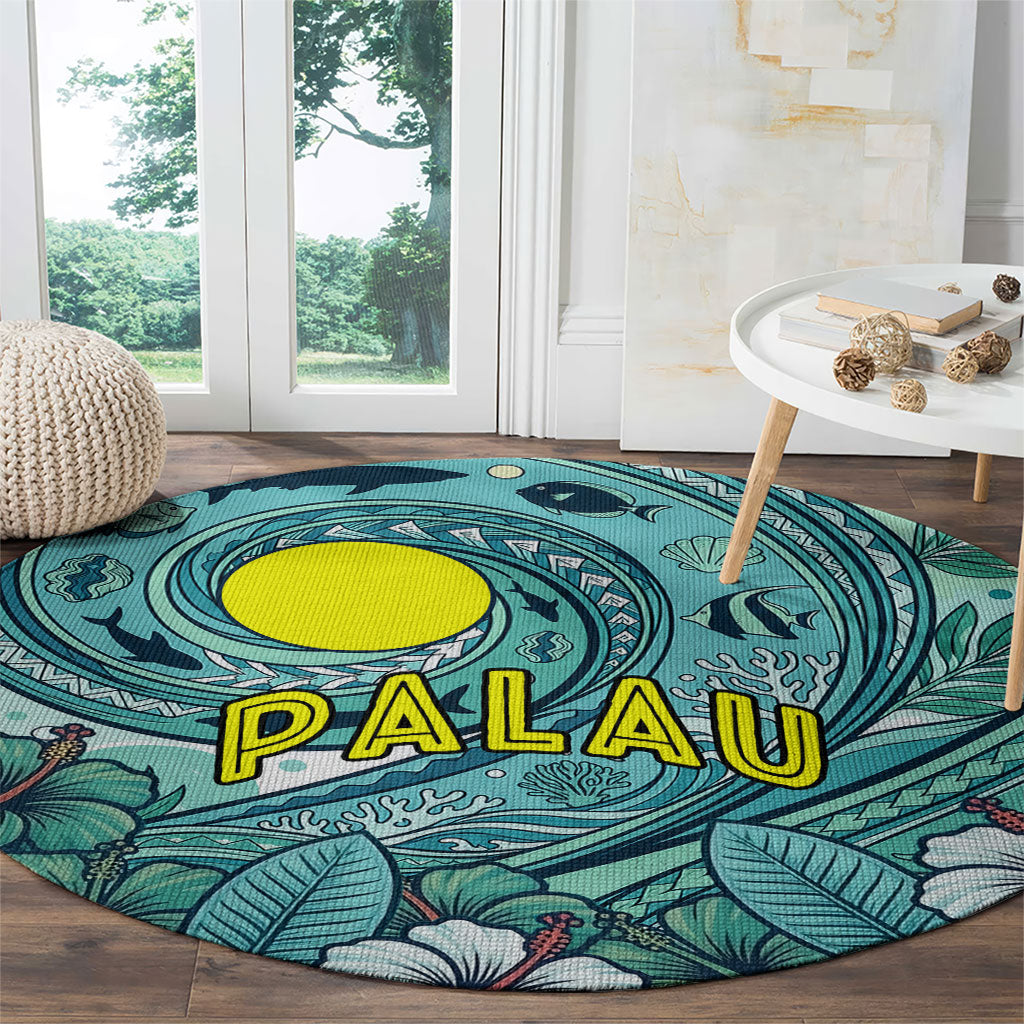Palau Official Seal Flag Round Carpet Tribal Pattern Ocean Marine Life Tropical Hibiscus TS04 - Polynesian Pride