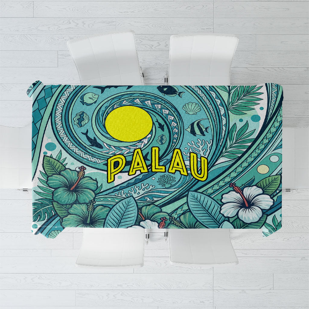 Palau Official Seal Flag Tablecloth Tribal Pattern Ocean Marine Life Tropical Hibiscus TS04 Blue Green - Polynesian Pride