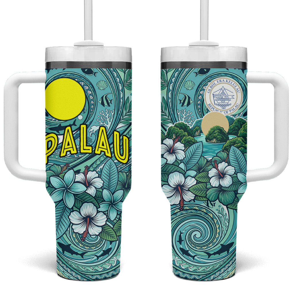 Palau Official Seal Flag Tumbler With Handle Tribal Pattern Ocean Marine Life Tropical Hibiscus TS04 One Size: 40 oz Blue Green - Polynesian Pride