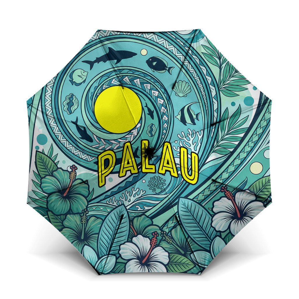 Palau Official Seal Flag Umbrella Tribal Pattern Ocean Marine Life Tropical Hibiscus TS04 One Size Folded 11.42 inch Opened Diameter 37.4 inch Blue Green - Polynesian Pride