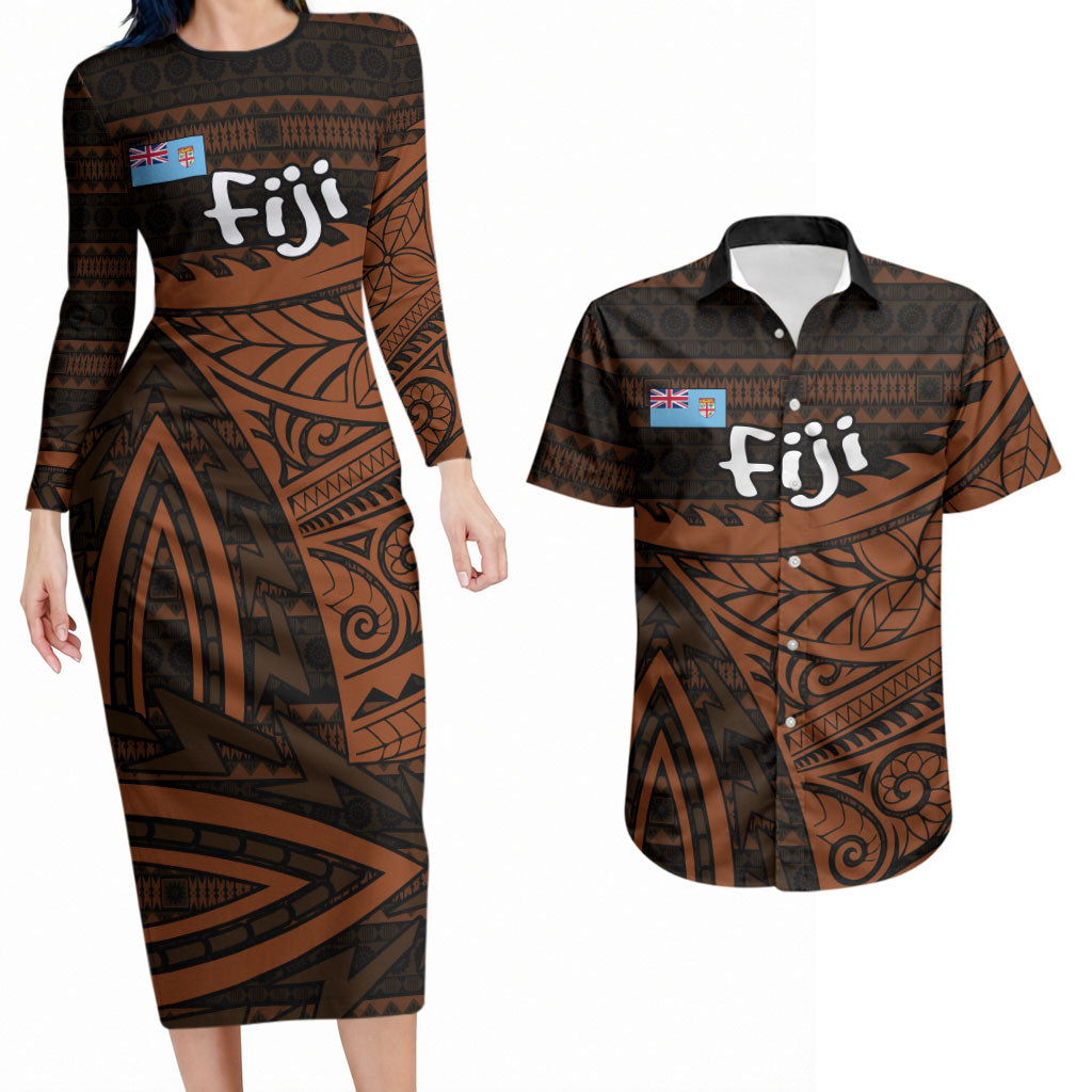 Straight Outta Kadavu Fiji Couples Matching Long Sleeve Bodycon Dress and Hawaiian Shirt Tribal Polynesian Tattoo Coat Of Arms Flag