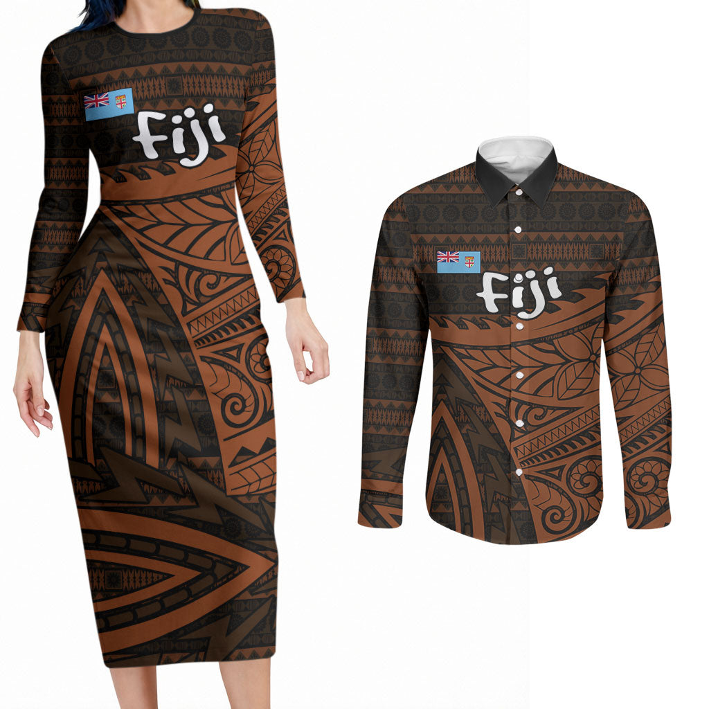 Straight Outta Kadavu Fiji Couples Matching Long Sleeve Bodycon Dress and Long Sleeve Button Shirt Tribal Polynesian Tattoo Coat Of Arms Flag