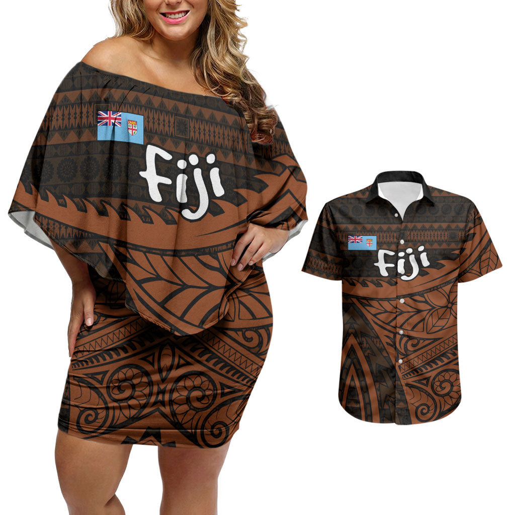 Straight Outta Kadavu Fiji Couples Matching Off Shoulder Short Dress and Hawaiian Shirt Tribal Polynesian Tattoo Coat Of Arms Flag