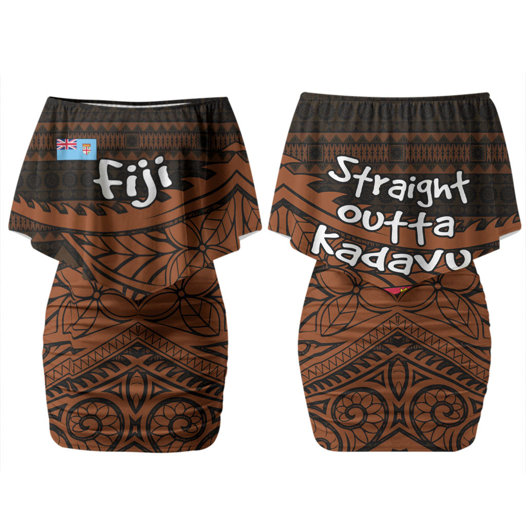 Straight Outta Kadavu Fiji Couples Matching Off Shoulder Short Dress and Hawaiian Shirt Tribal Polynesian Tattoo Coat Of Arms Flag