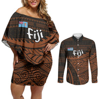 Straight Outta Kadavu Fiji Couples Matching Off Shoulder Short Dress and Long Sleeve Button Shirt Tribal Polynesian Tattoo Coat Of Arms Flag