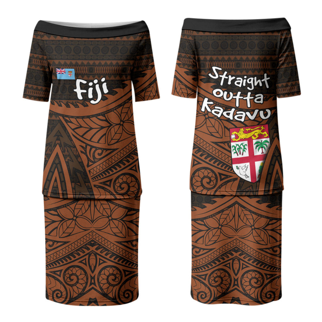 Straight Outta Kadavu Fiji Couples Matching Puletasi and Hawaiian Shirt Tribal Polynesian Tattoo Coat Of Arms Flag