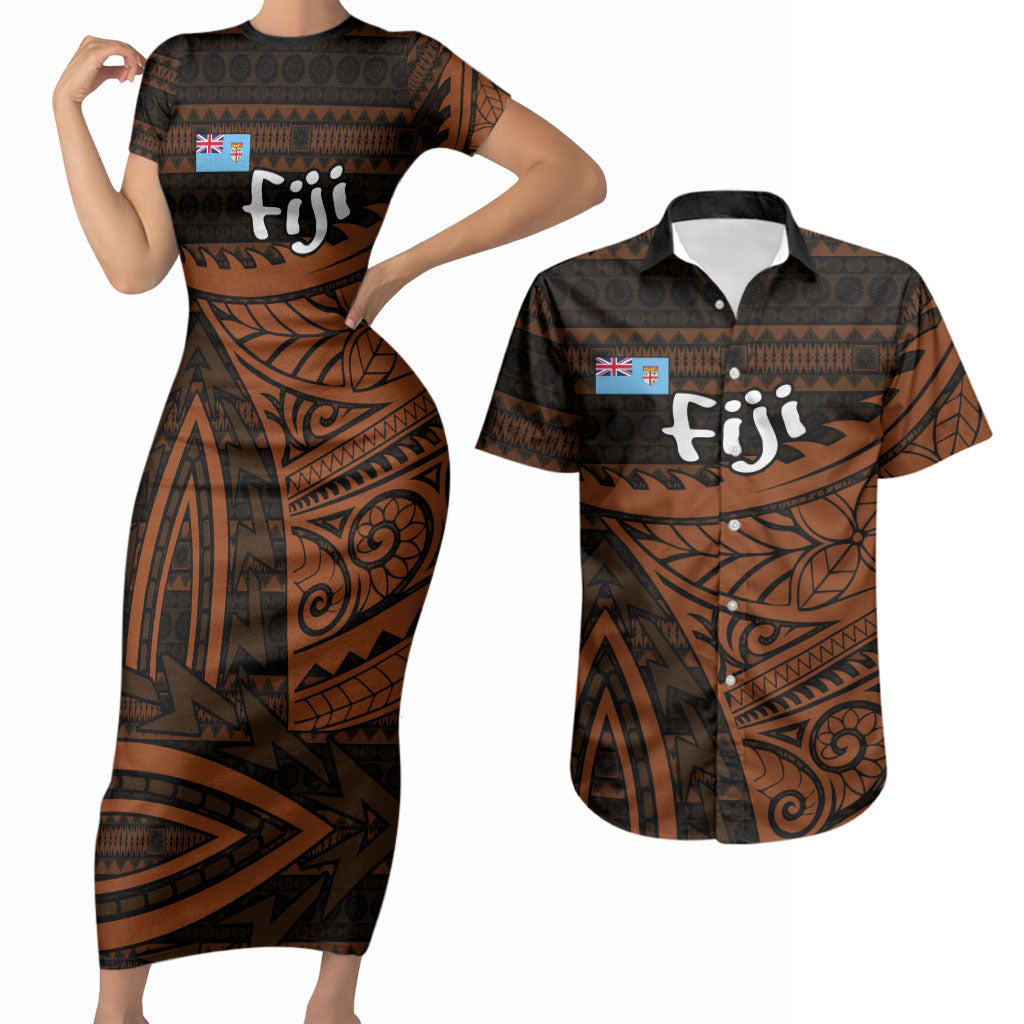 Straight Outta Kadavu Fiji Couples Matching Short Sleeve Bodycon Dress and Hawaiian Shirt Tribal Polynesian Tattoo Coat Of Arms Flag TS04 Brown Black - Polynesian Pride