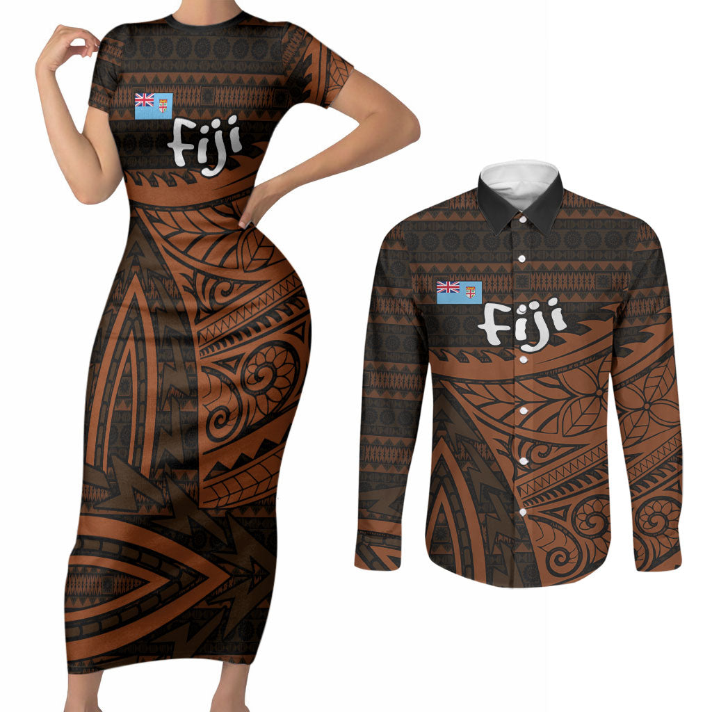 Straight Outta Kadavu Fiji Couples Matching Short Sleeve Bodycon Dress and Long Sleeve Button Shirt Tribal Polynesian Tattoo Coat Of Arms Flag