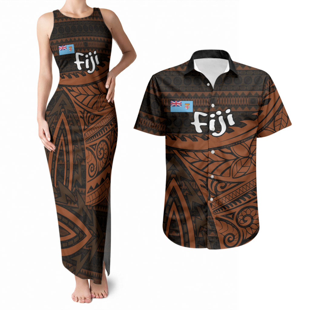 Straight Outta Kadavu Fiji Couples Matching Tank Maxi Dress and Hawaiian Shirt Tribal Polynesian Tattoo Coat Of Arms Flag TS04 Brown Black - Polynesian Pride