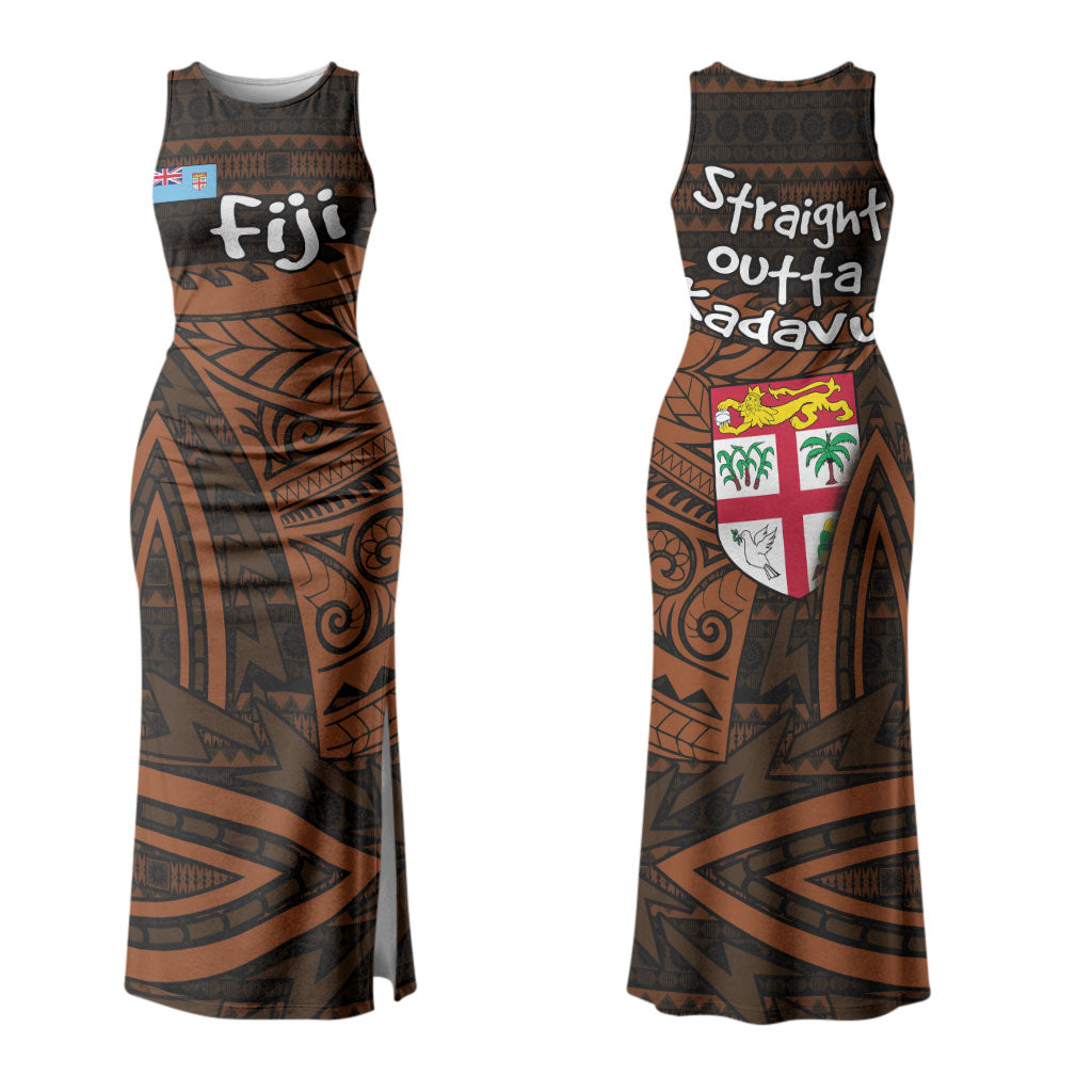 Straight Outta Kadavu Fiji Couples Matching Tank Maxi Dress and Hawaiian Shirt Tribal Polynesian Tattoo Coat Of Arms Flag