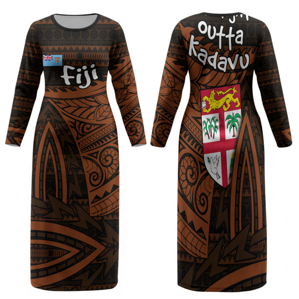 Straight Outta Kadavu Fiji Family Matching Long Sleeve Bodycon Dress and Hawaiian Shirt Tribal Polynesian Tattoo Coat Of Arms Flag