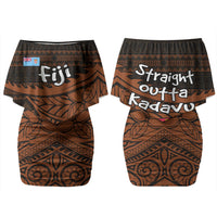 Straight Outta Kadavu Fiji Family Matching Off Shoulder Short Dress and Hawaiian Shirt Tribal Polynesian Tattoo Coat Of Arms Flag