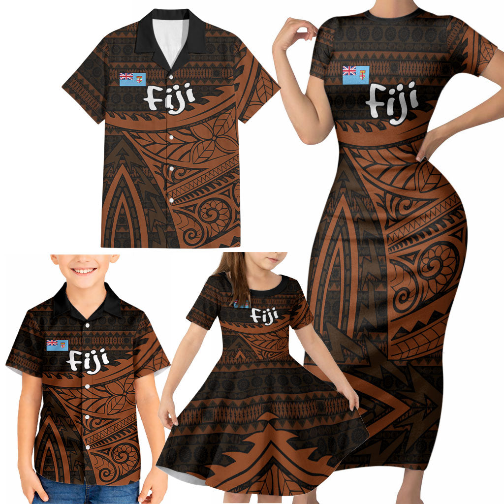 Straight Outta Kadavu Fiji Family Matching Short Sleeve Bodycon Dress and Hawaiian Shirt Tribal Polynesian Tattoo Coat Of Arms Flag