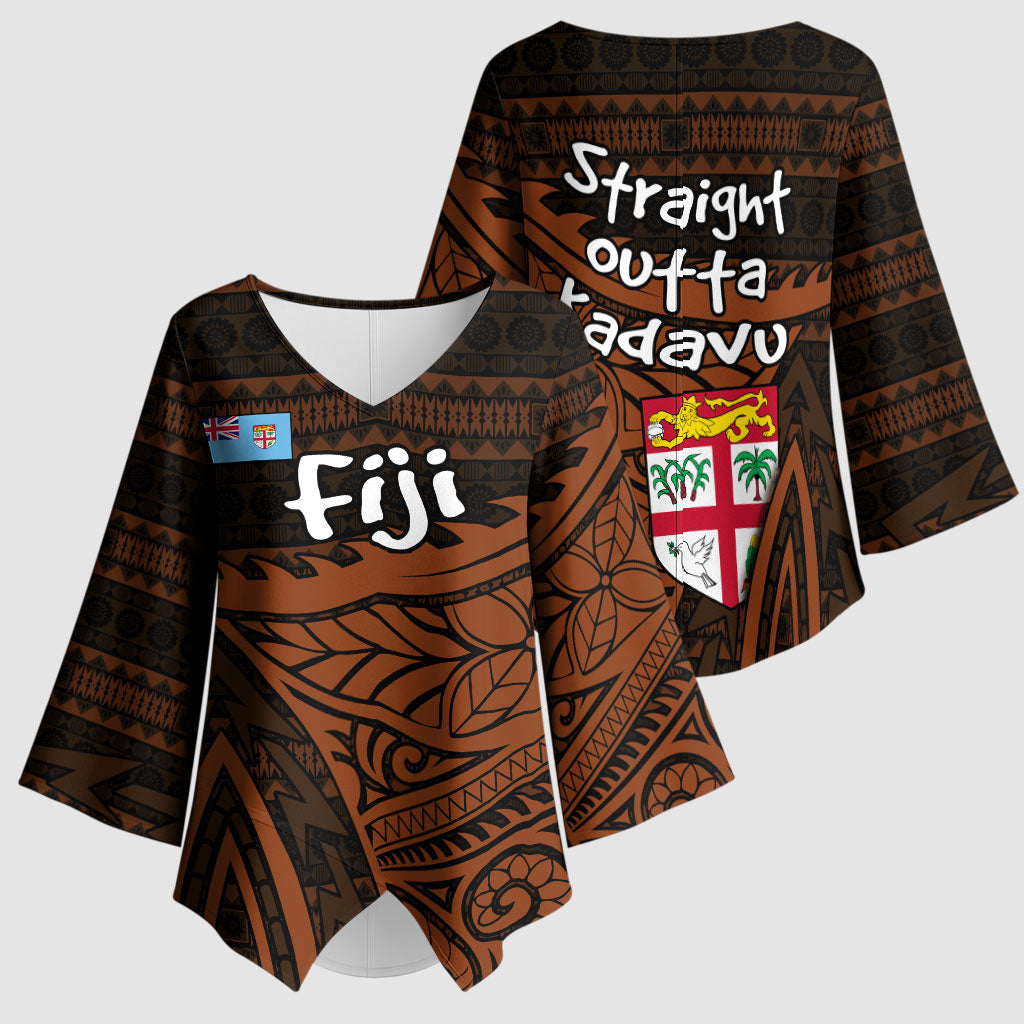 Straight Outta Kadavu Fiji Kimono Sleeve Blouse Tribal Polynesian Tattoo Coat Of Arms Flag