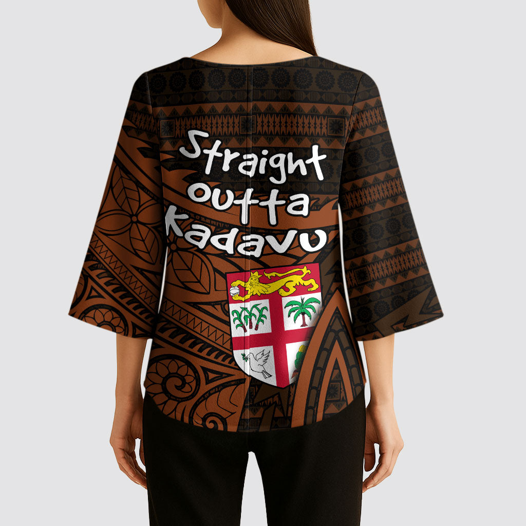 Straight Outta Kadavu Fiji Kimono Sleeve Blouse Tribal Polynesian Tattoo Coat Of Arms Flag