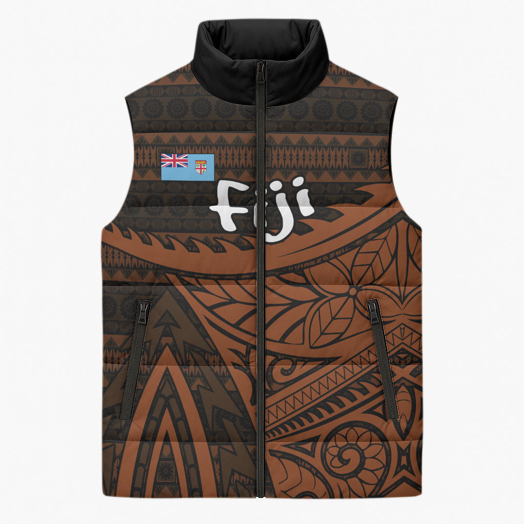 Straight Outta Kadavu Fiji Sleeveless Puffer Jacket Tribal Polynesian Tattoo Coat Of Arms Flag