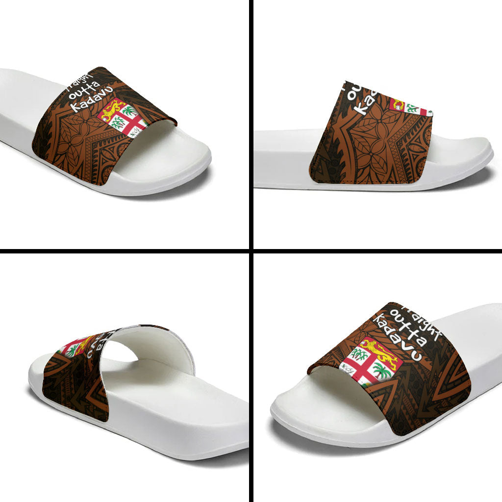 Straight Outta Kadavu Fiji Slide Sandals Tribal Polynesian Tattoo Coat Of Arms Flag