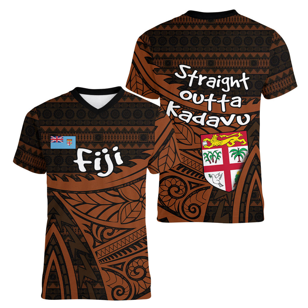 Straight Outta Kadavu Fiji Women V-Neck T-Shirt Tribal Polynesian Tattoo Coat Of Arms Flag