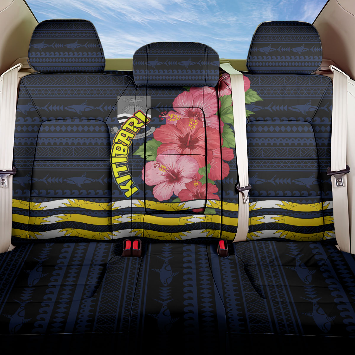 Kiribati Back Car Seat Cover Tropical Pink Hibiscus Flowers Polynesian Tribal TS04 One Size Blue Black - Polynesian Pride