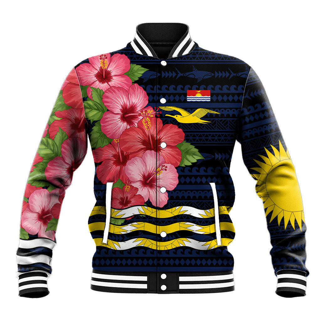 Kiribati Baseball Jacket Tropical Pink Hibiscus Flowers Polynesian Tribal TS04 Unisex Blue Black - Polynesian Pride