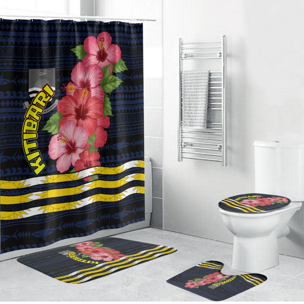 Kiribati Bathroom Set Tropical Pink Hibiscus Flowers Polynesian Tribal TS04 Bathroom Set (4 pcs) Blue Black - Polynesian Pride