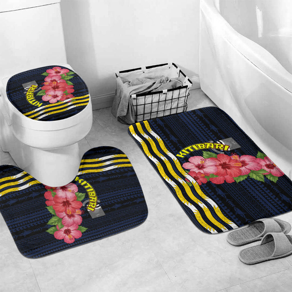 Kiribati Bathroom Set Tropical Pink Hibiscus Flowers Polynesian Tribal TS04 Mat Set Only (3 pcs) One Size Blue Black - Polynesian Pride