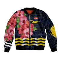 Kiribati Bomber Jacket Tropical Pink Hibiscus Flowers Polynesian Tribal TS04 Unisex Blue Black - Polynesian Pride