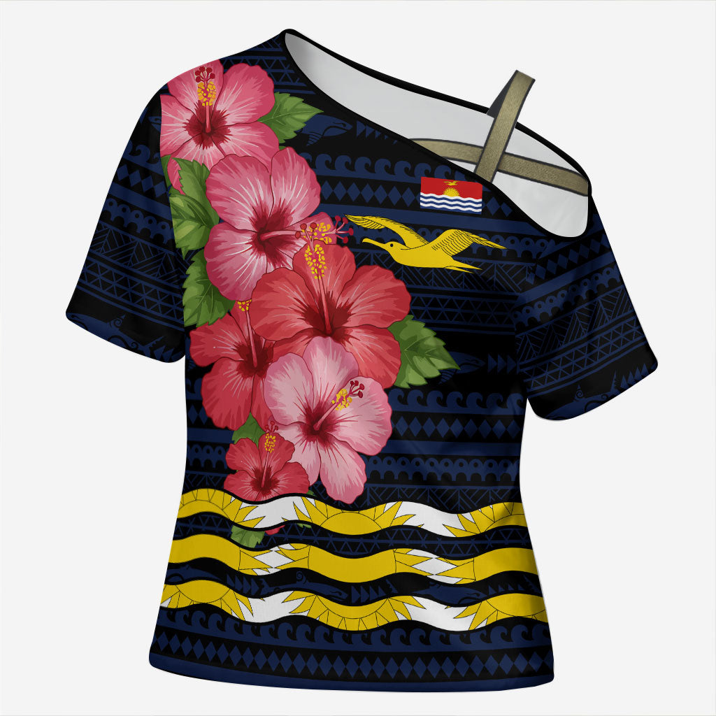 Kiribati Cross Shoulder Shirt Tropical Pink Hibiscus Flowers Polynesian Tribal TS04 Female Blue Black - Polynesian Pride