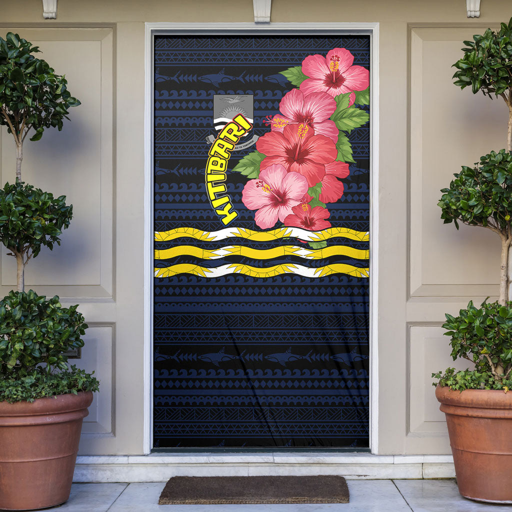 Kiribati Door Cover Tropical Pink Hibiscus Flowers Polynesian Tribal TS04 Blue Black - Polynesian Pride