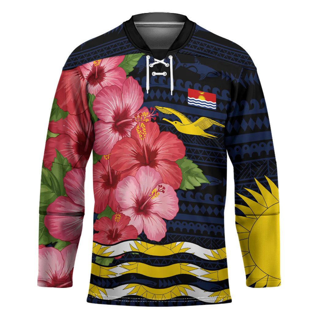 Kiribati Hockey Jersey Tropical Pink Hibiscus Flowers Polynesian Tribal TS04 Unisex Blue Black - Polynesian Pride