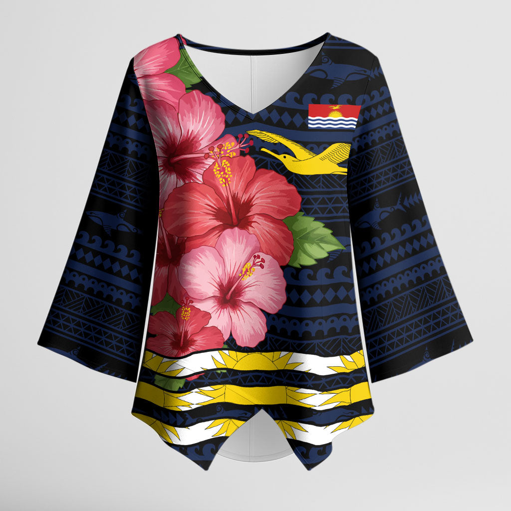 Kiribati Kimono Sleeve Blouse Tropical Pink Hibiscus Flowers Polynesian Tribal TS04 Female Blue Black - Polynesian Pride