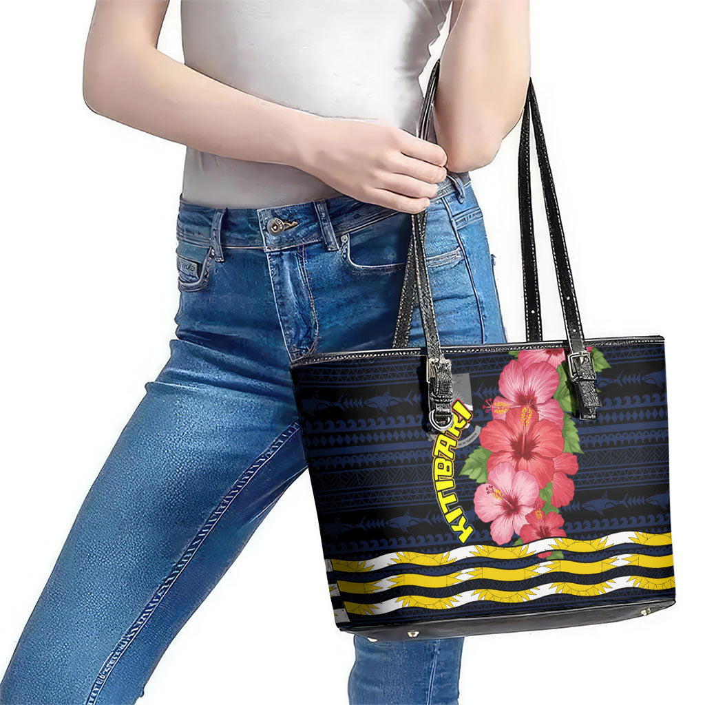 Kiribati Leather Tote Bag Tropical Pink Hibiscus Flowers Polynesian Tribal TS04 - Polynesian Pride