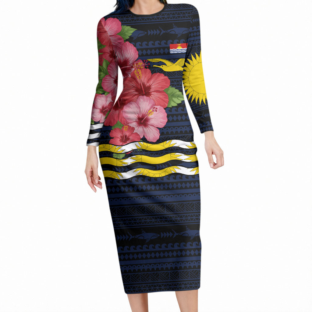 Kiribati Long Sleeve Bodycon Dress Tropical Pink Hibiscus Flowers Polynesian Tribal TS04 Long Dress Blue Black - Polynesian Pride