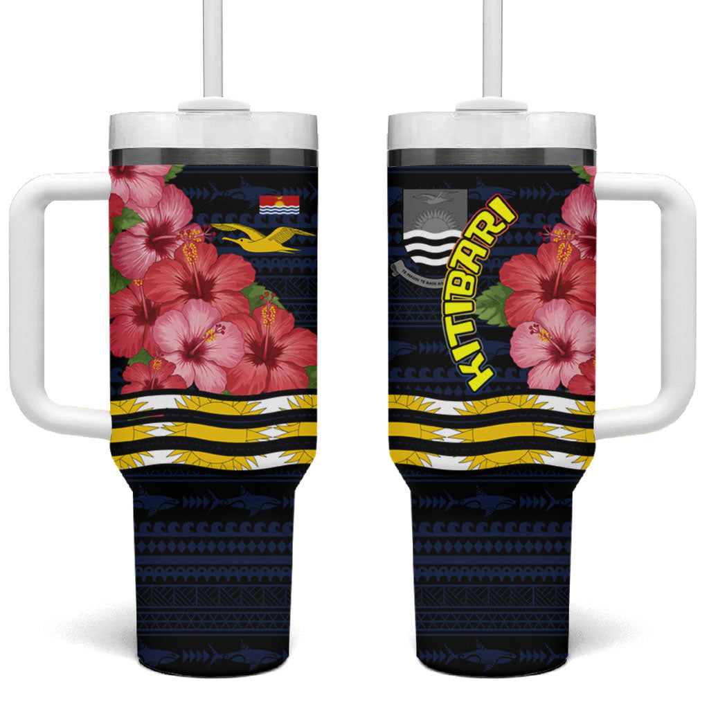 Kiribati Tumbler With Handle Tropical Pink Hibiscus Flowers Polynesian Tribal TS04 One Size: 40 oz Blue Black - Polynesian Pride